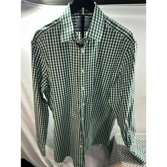 Charles Tyrwhitt Green & White Gingham Non-Iron Slim Fit Dress Shirt Size 17.5/3 - Picture 2 of 6